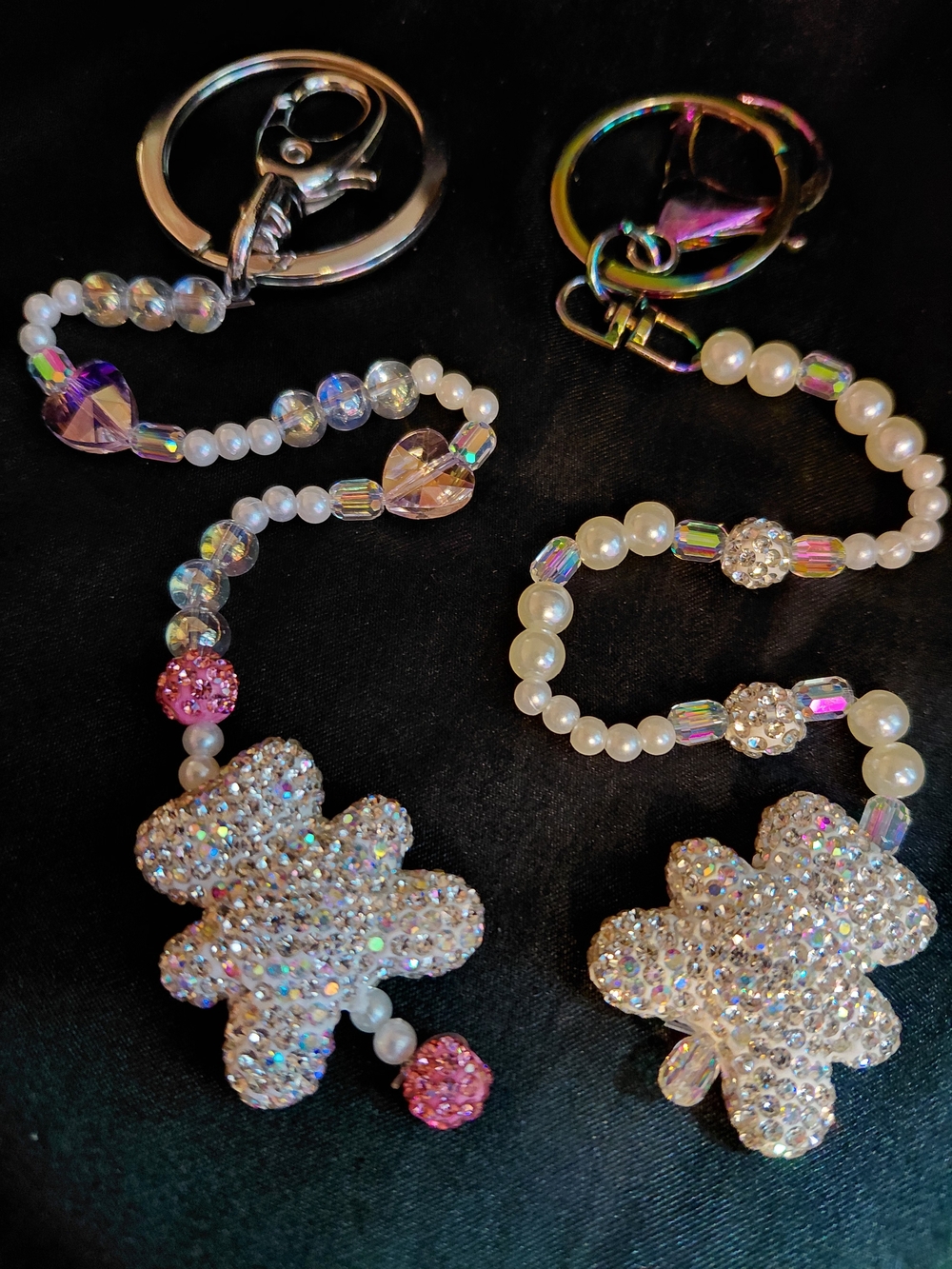 Iridescent Rinestonee Teddy  Beaded Keychain - Pearl Accent